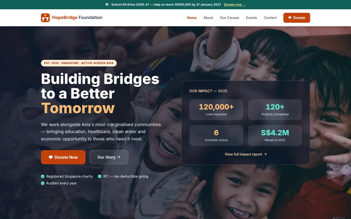 Hope Foundation website template preview — HopeBridge Foundation live demo
