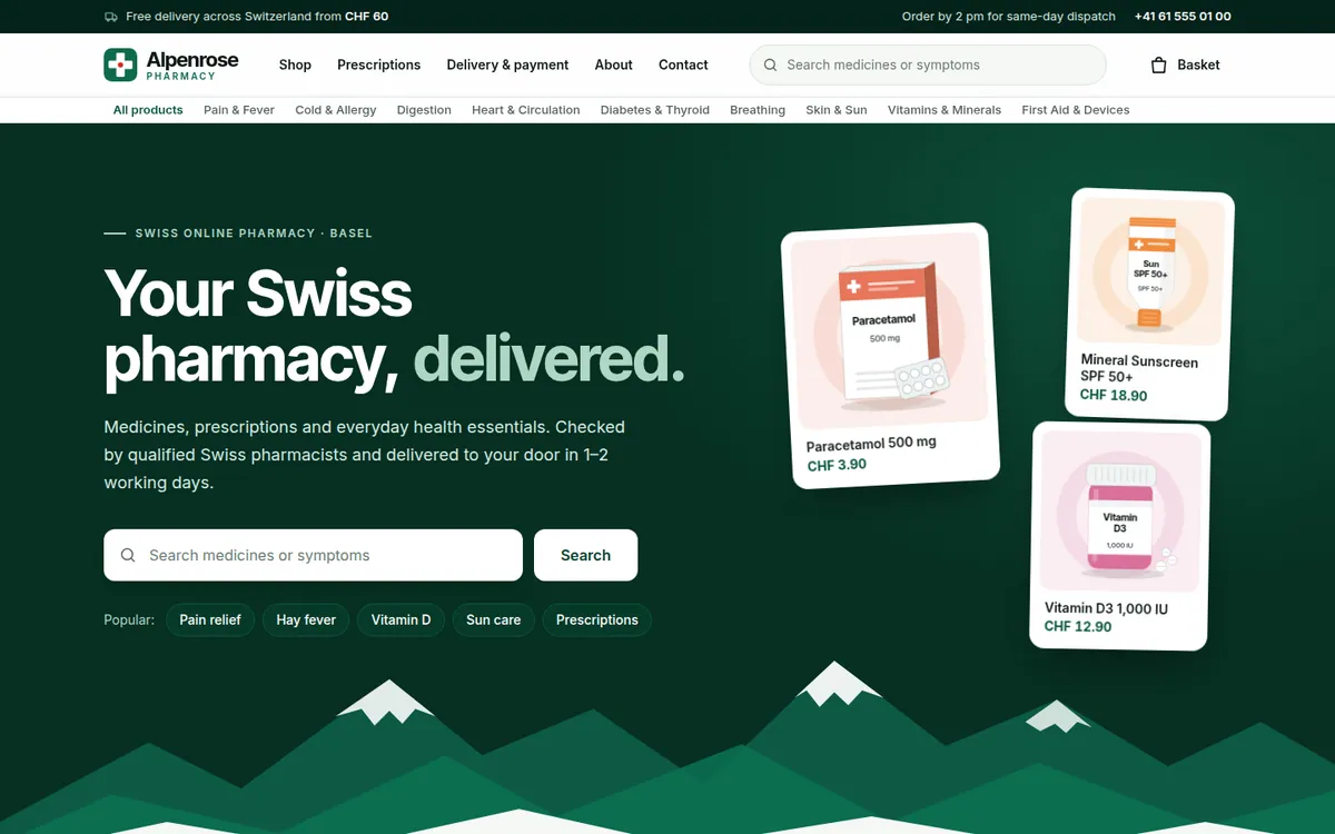 Medicore Pharma website template preview — Alpenrose Pharmacy, Basel live demo
