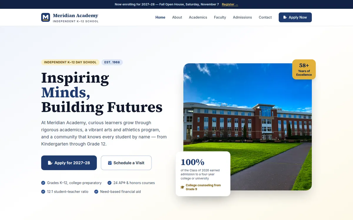 Meridian School website template preview — Meridian Academy live demo